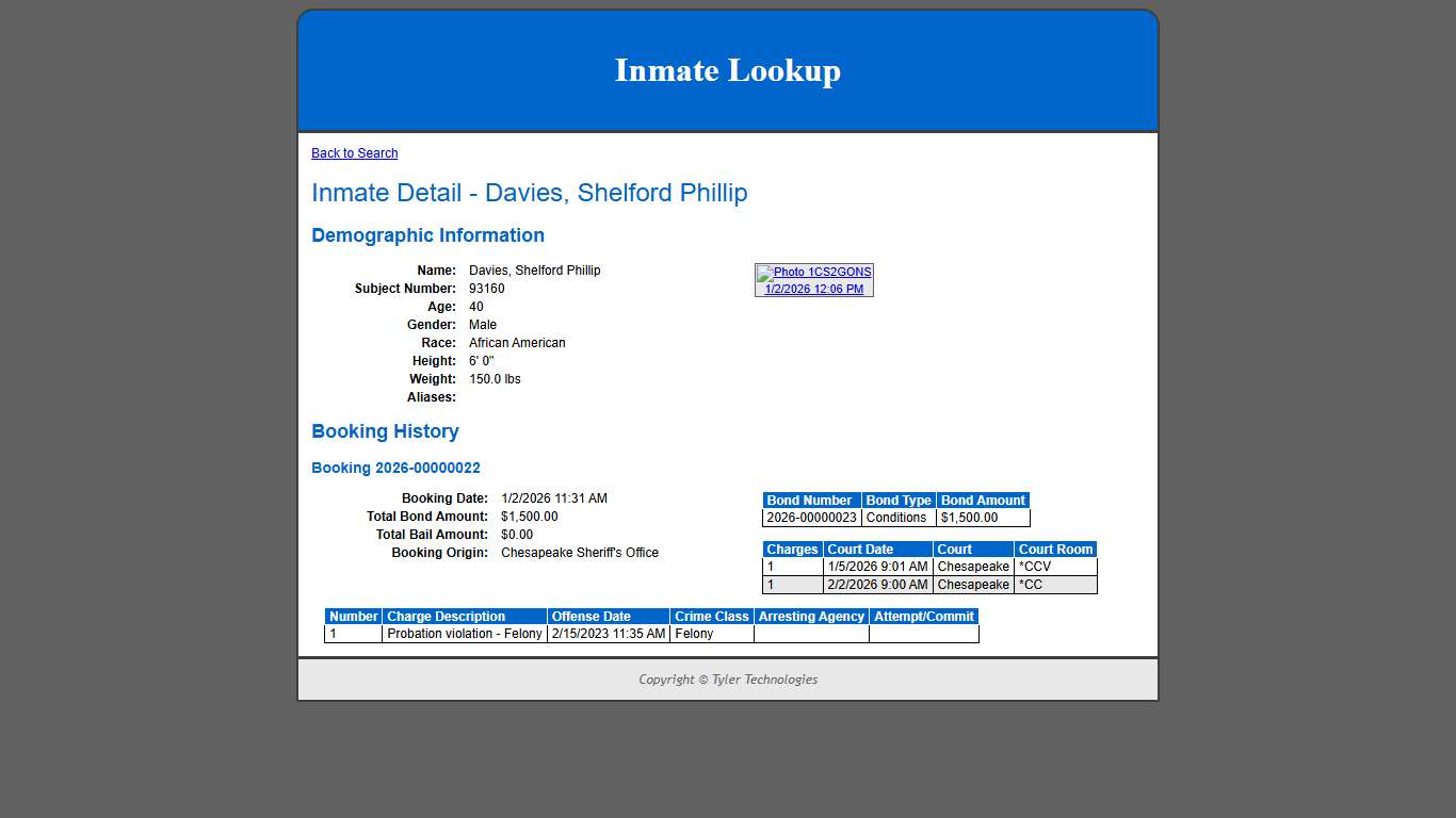 Inmate Detail - Davies, Shelford Phillip