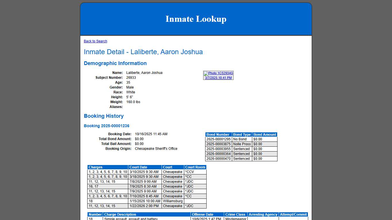 Inmate Detail - Laliberte, Aaron Joshua