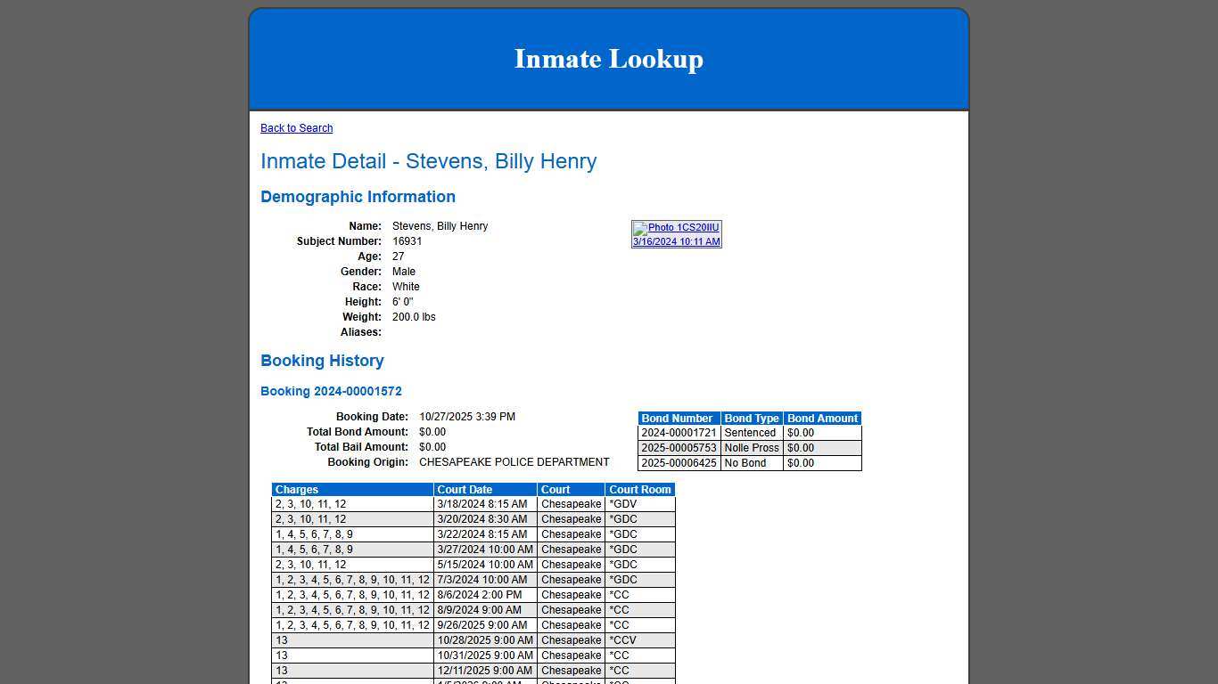 Inmate Detail - Stevens, Billy Henry